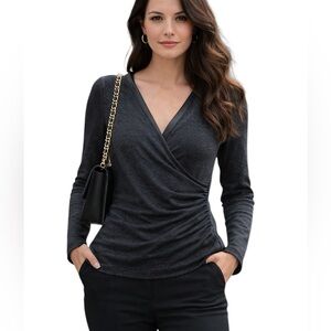 Max Studio Long Sleeve Wrap Front Top Leather Trim V-Neck Top Charcoal Sz Small